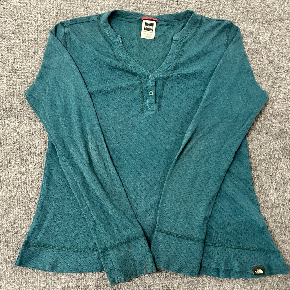 The North Face Henley Womens Size M Teal Blue Long Sleeve Textured Cotton Blend